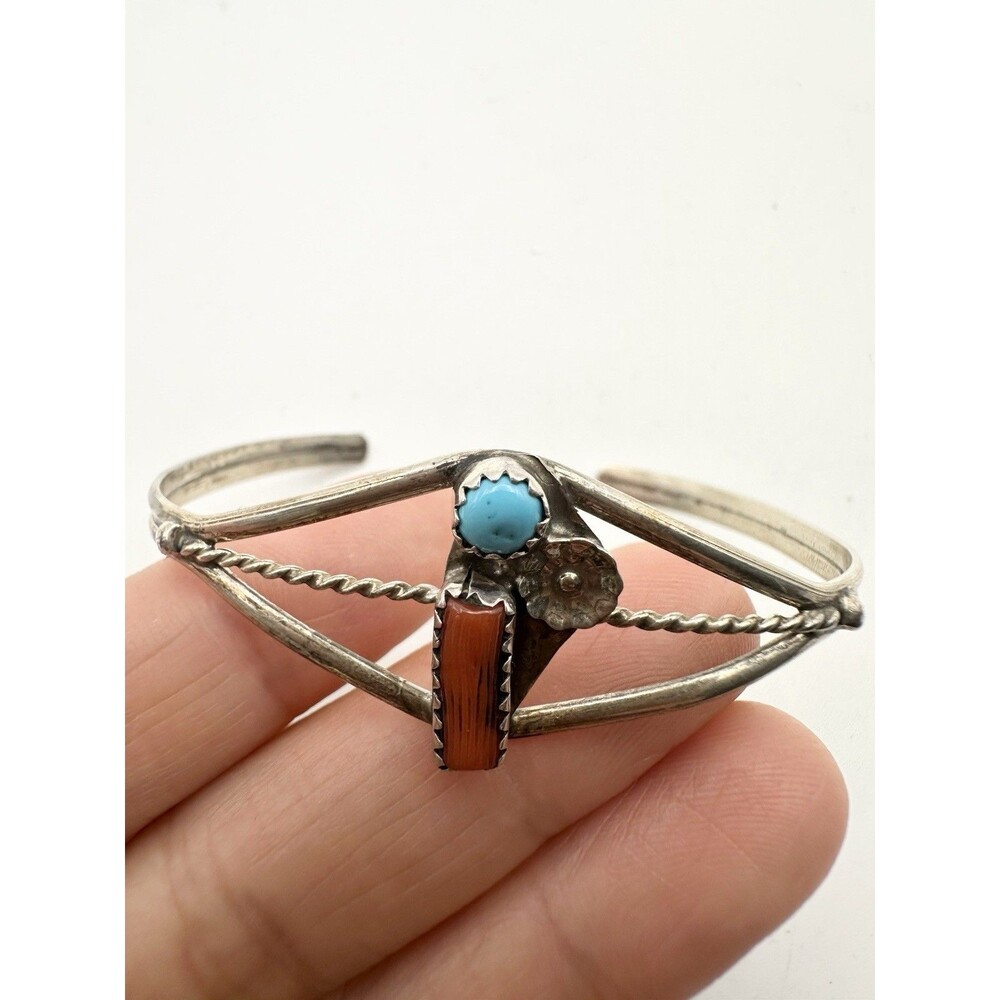 SWEET VINTAGE NAVAJO CORAL & SLEEPING BEAUTY TURQUOISE STERLING SILVER BRACELET